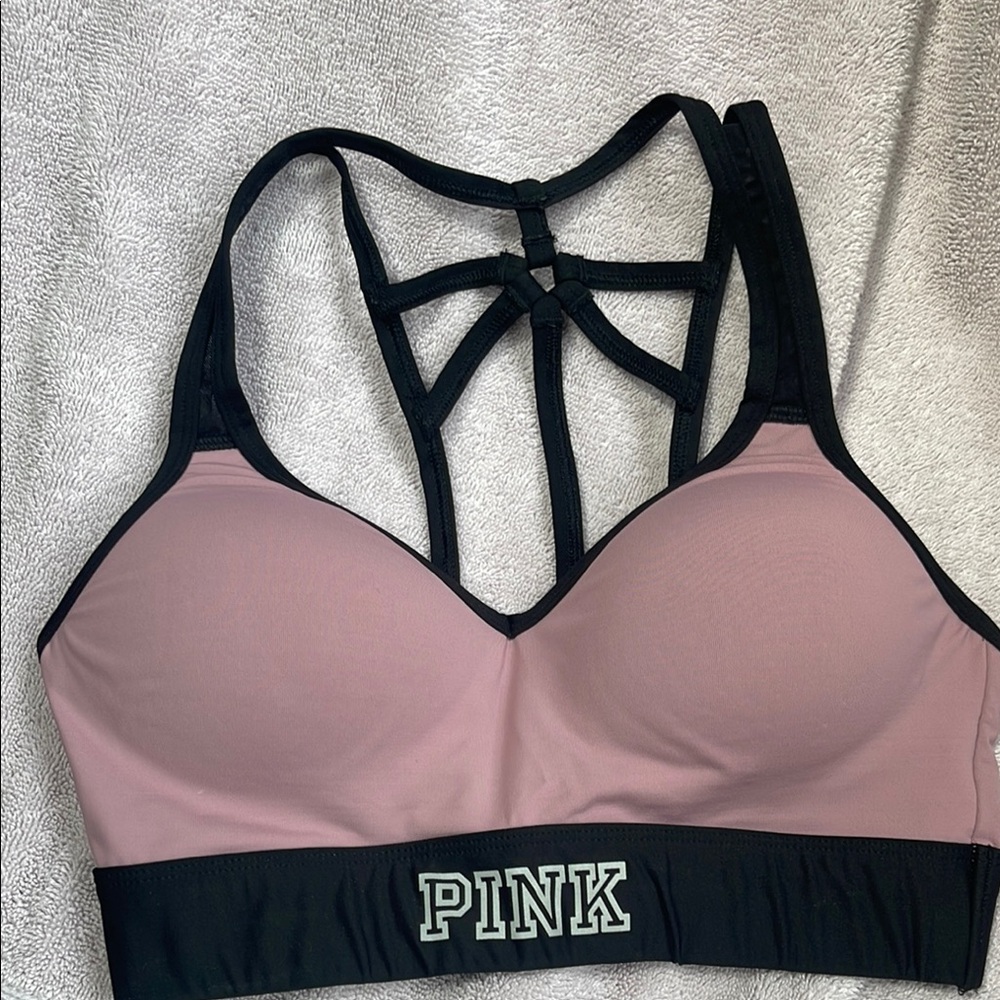 PINK Victoria's Secret Black and Pink Strappy Sports Bra